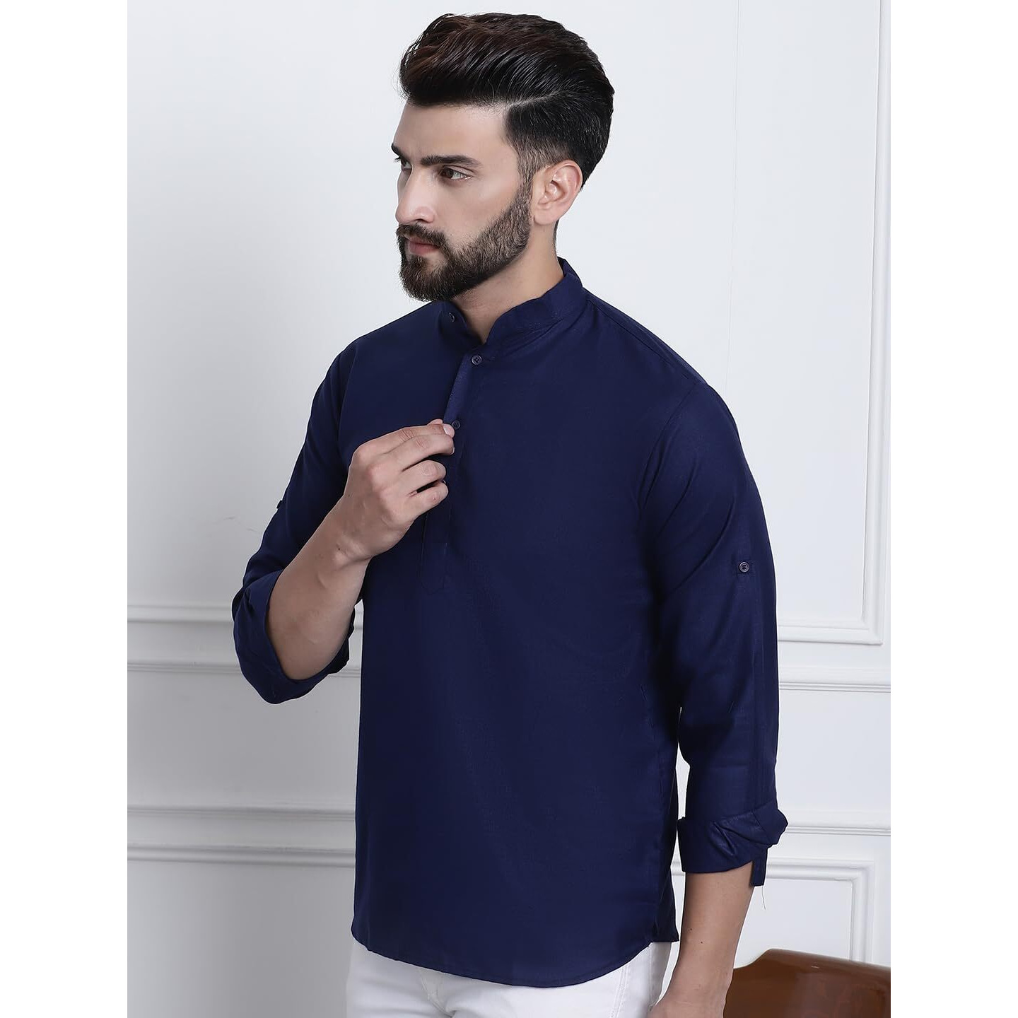 Sojanya (Since 1958, Men's Cotton Blend Navy Blue Solid Only Short Kurta