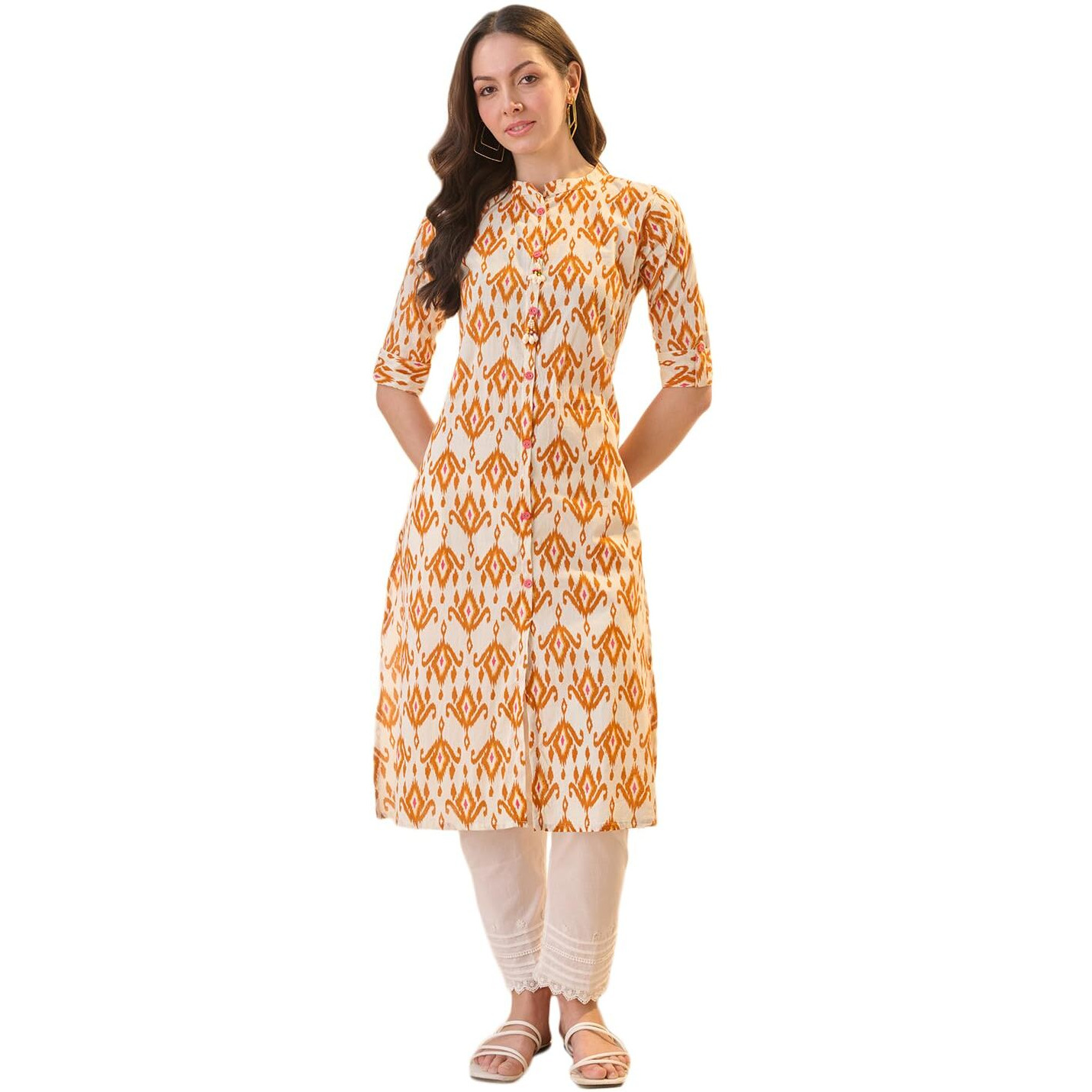 Stylum Women's Ikat Printed Cotton A-Line Kurta (Orangecheema38_Orange, M)