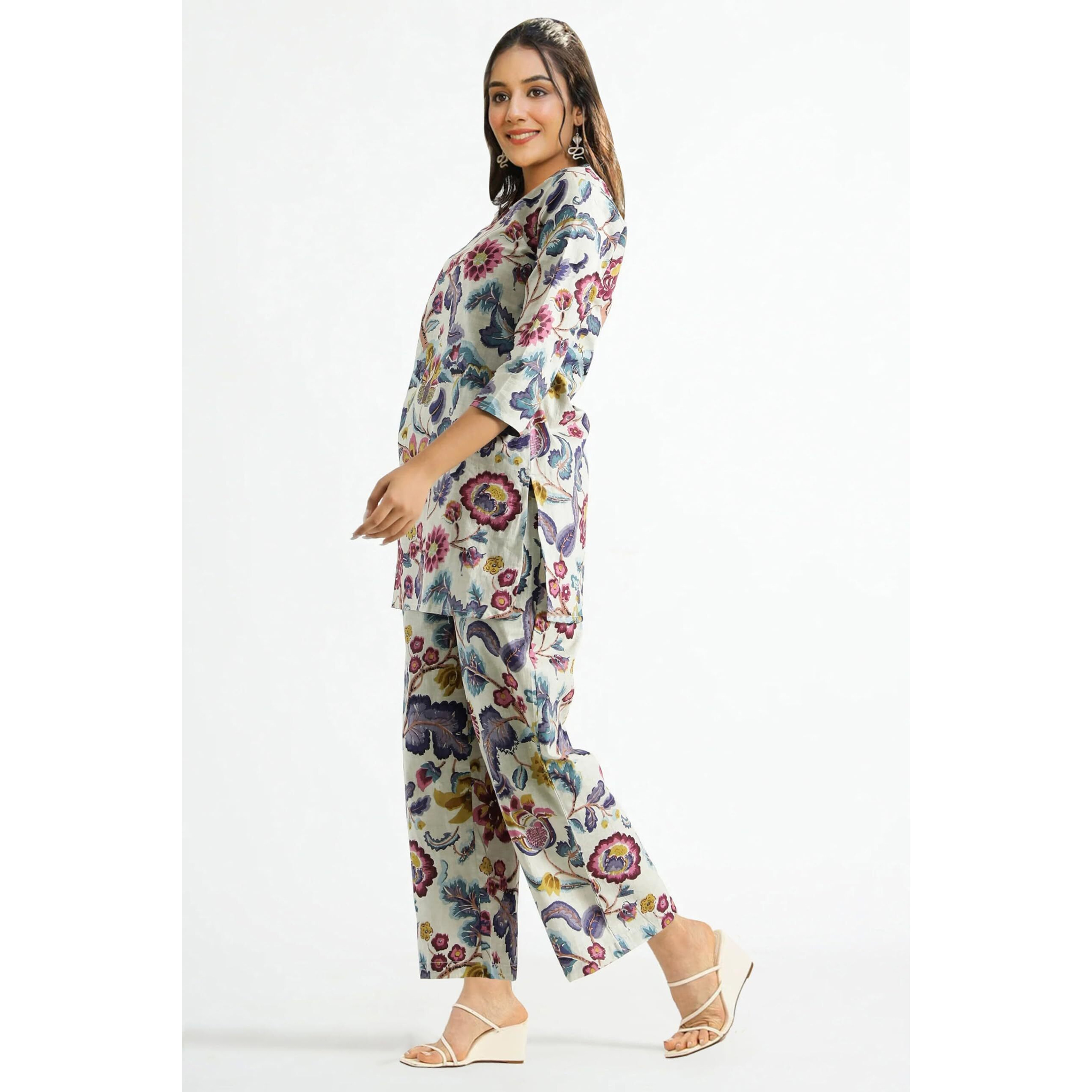 Toochki Women's Multi Color Floral Printed Rayon Stitched Ethnic Kurta Set | Ethnic Kurta Set For Women | A Line Ethnic Kurta Set | 3/4 Sleeve Kurta Set