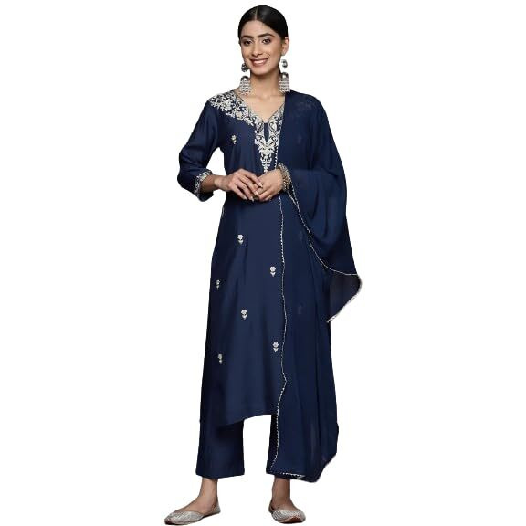 Varanga Women Navy Blue Placement Design Zari Embroidered Kurta Paired With Tonal Bottom And Tonal Chiffon Dupatta