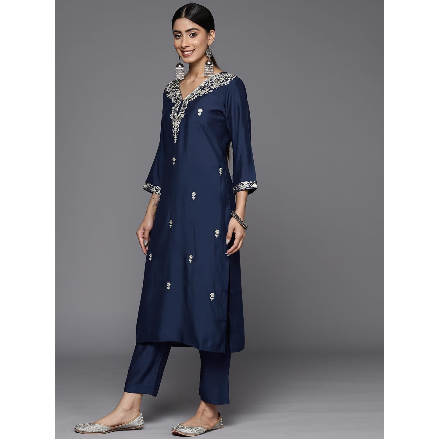 Varanga Women Navy Blue Placement Design Zari Embroidered Kurta Paired With Tonal Bottom And Tonal Chiffon Dupatta