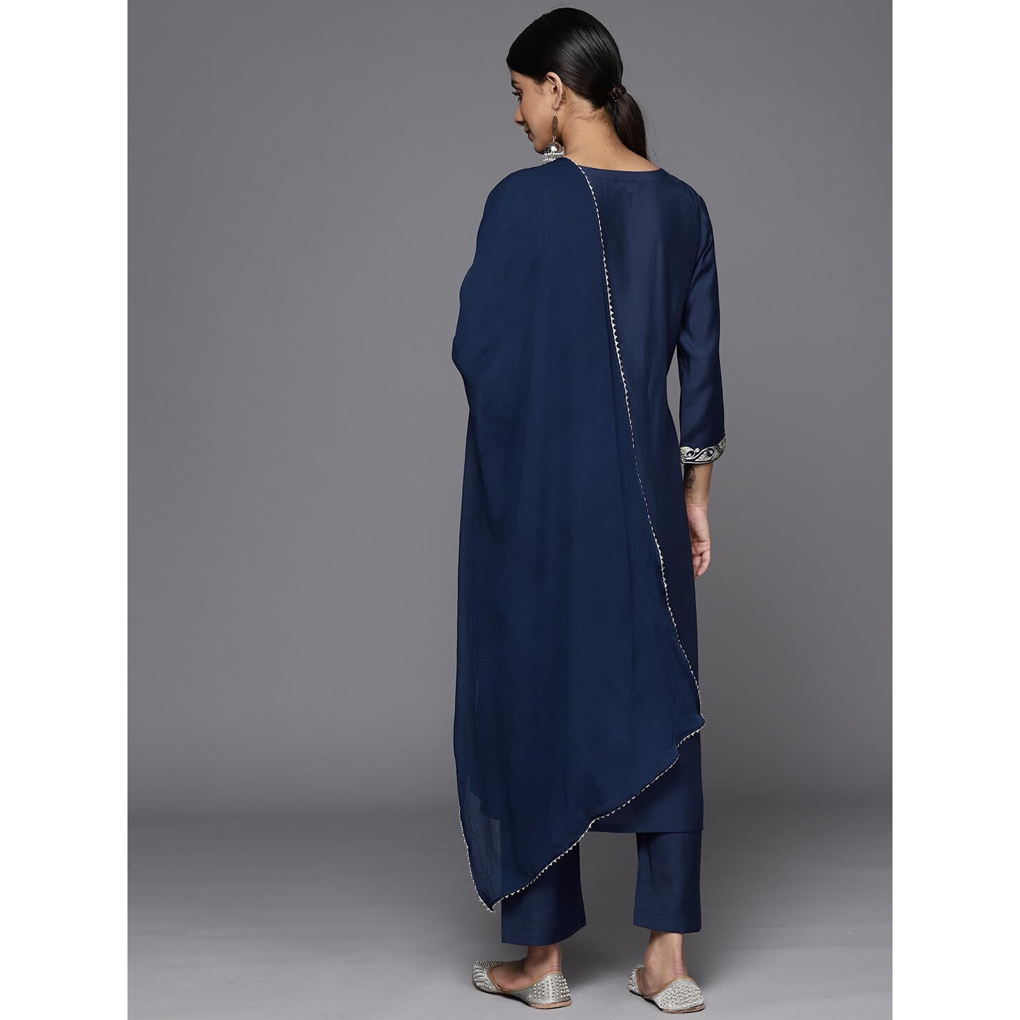 Varanga Women Navy Blue Placement Design Zari Embroidered Kurta Paired With Tonal Bottom And Tonal Chiffon Dupatta