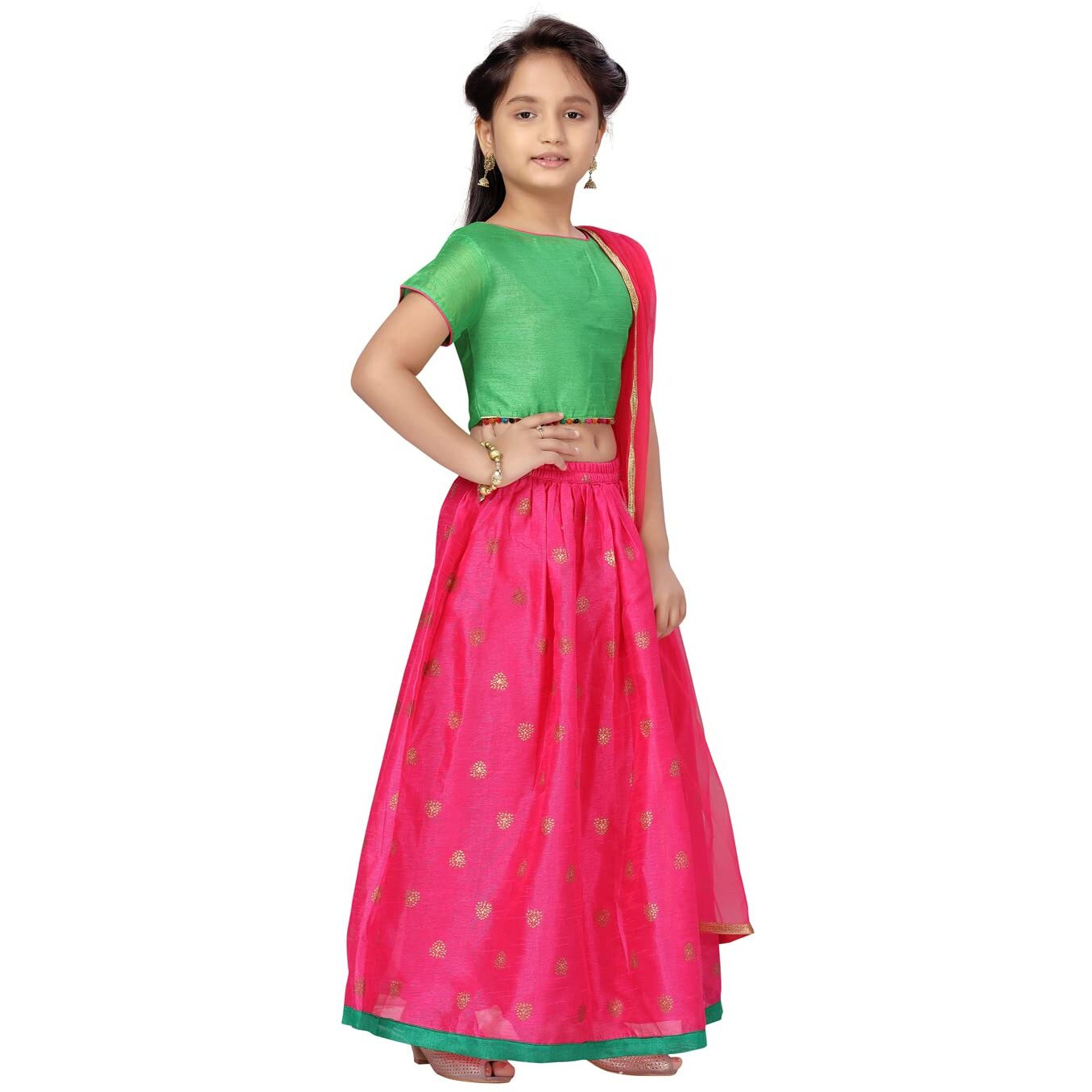 Aarika Girl's Silk Lehenga Choli Set (Lch-22127_Green-Rani_9-10 Years)