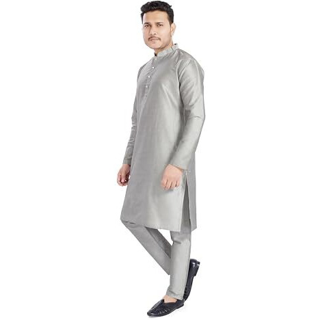 Divisive Men's Plain Raw Silk Blend Slim Fit Kurta Pyjama Set (Dkrt905_S_Grey)