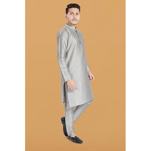 Divisive Men's Plain Raw Silk Blend Slim Fit Kurta Pyjama Set (Dkrt905_S_Grey)