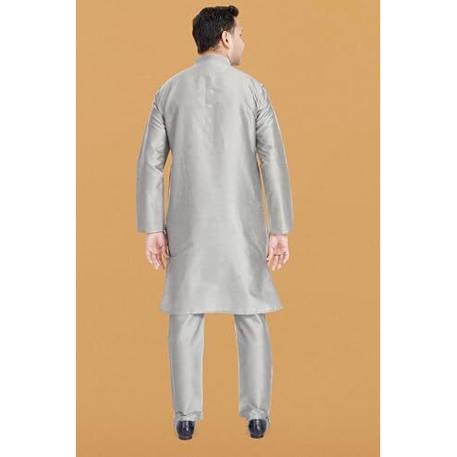 Divisive Men's Plain Raw Silk Blend Slim Fit Kurta Pyjama Set (Dkrt905_S_Grey)
