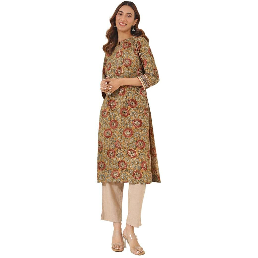 Fabindia Women's Cotton Printed Regular Kurta (1037265Mustard_Mustard
