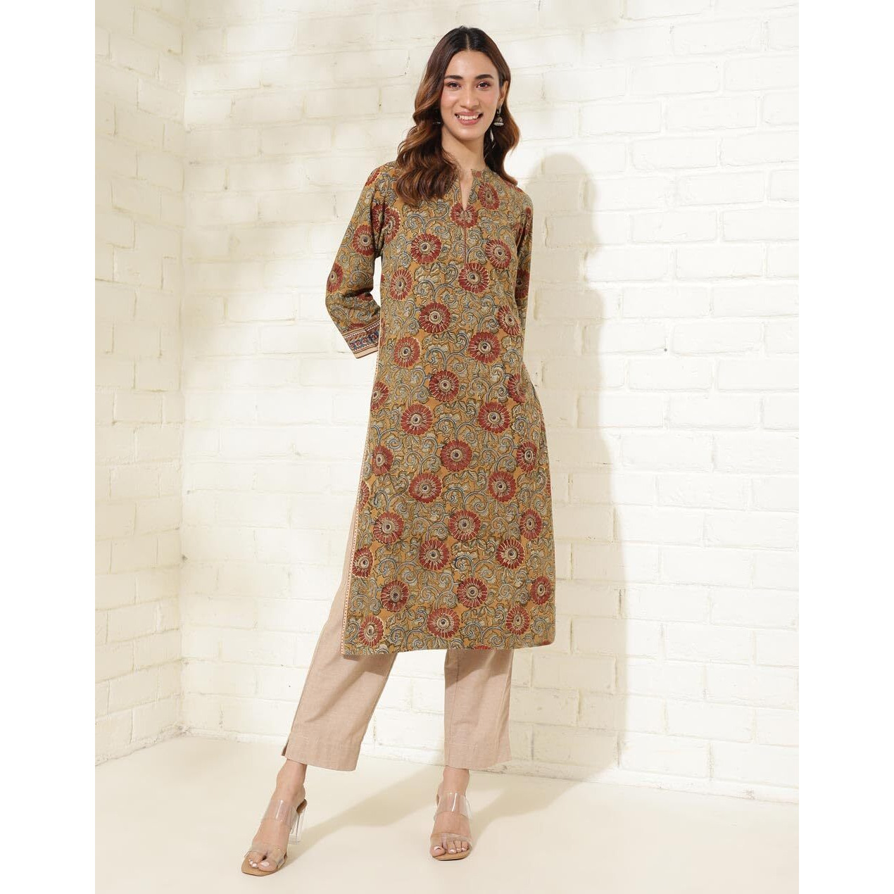 Fabindia Women's Cotton Printed Regular Kurta (1037265Mustard_Mustard