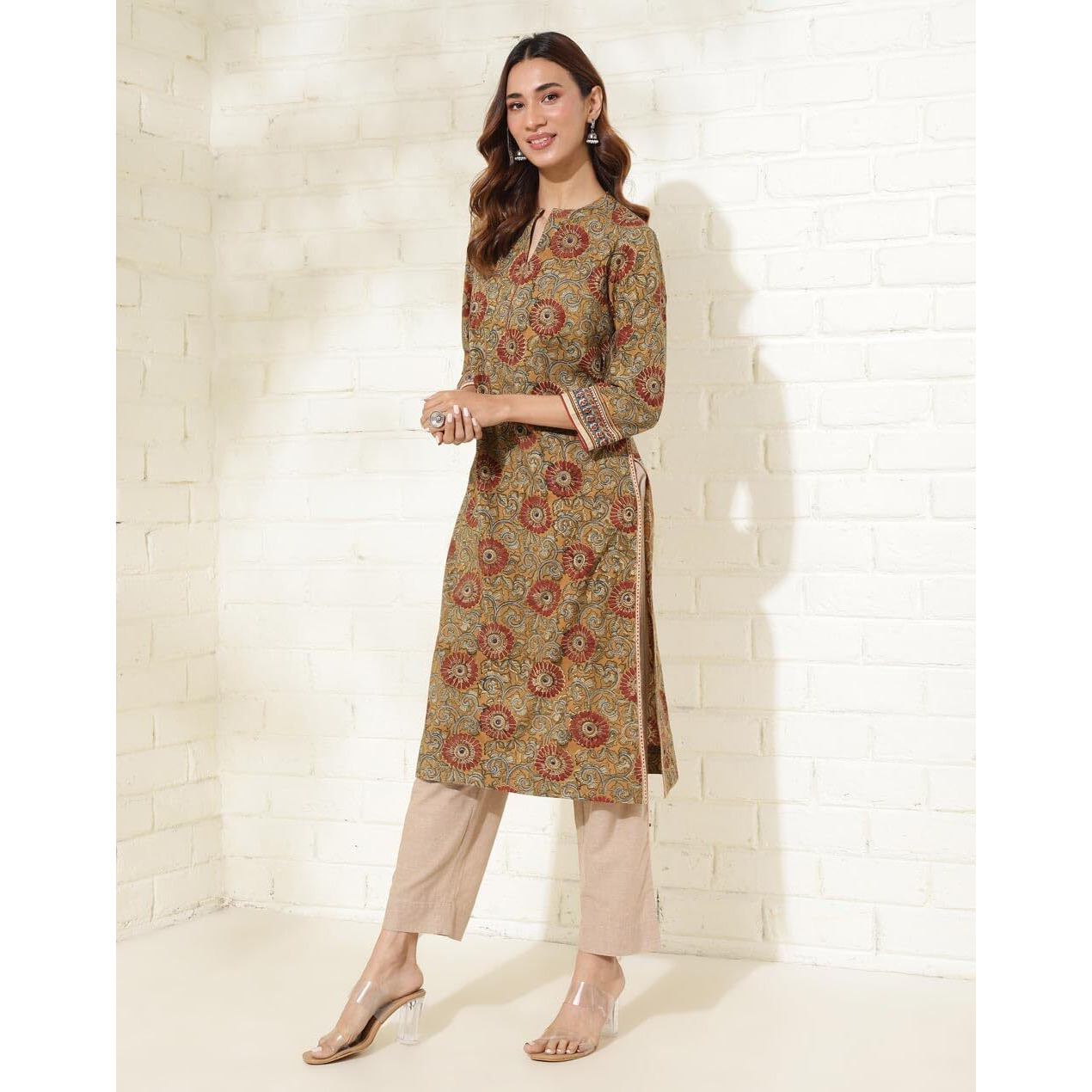 Fabindia Women's Cotton Printed Regular Kurta (1037265Mustard_Mustard