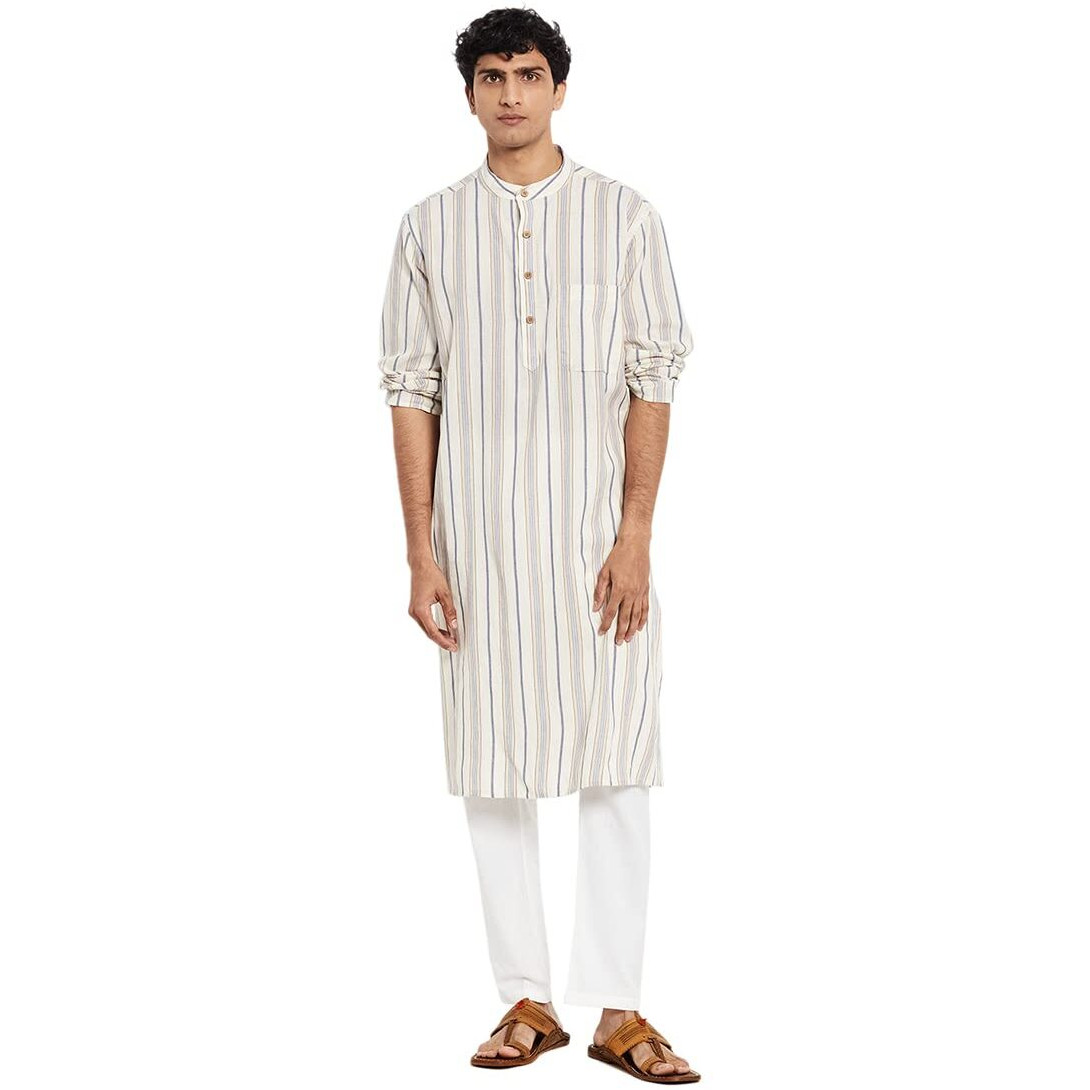 Fabindia Men Bana Striped Long Kurta Cotton_Xs Off White