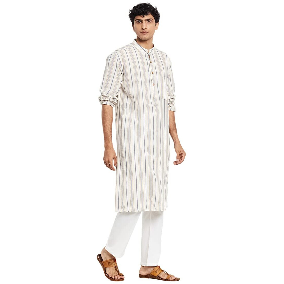 Fabindia Men Bana Striped Long Kurta Cotton_Xs Off White