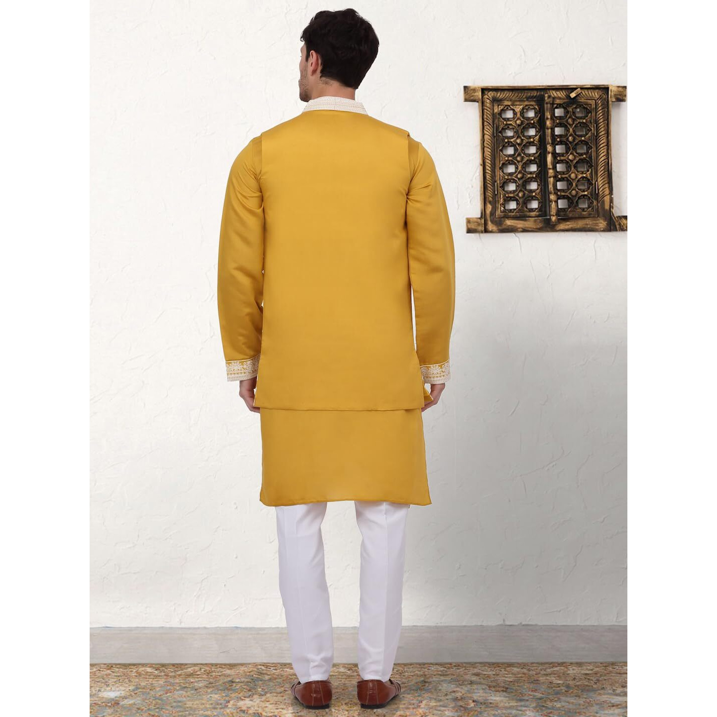 Jompers Men's Mustard Embroidered Waistcoat And Kurta Pyjama. (Mustard, M)