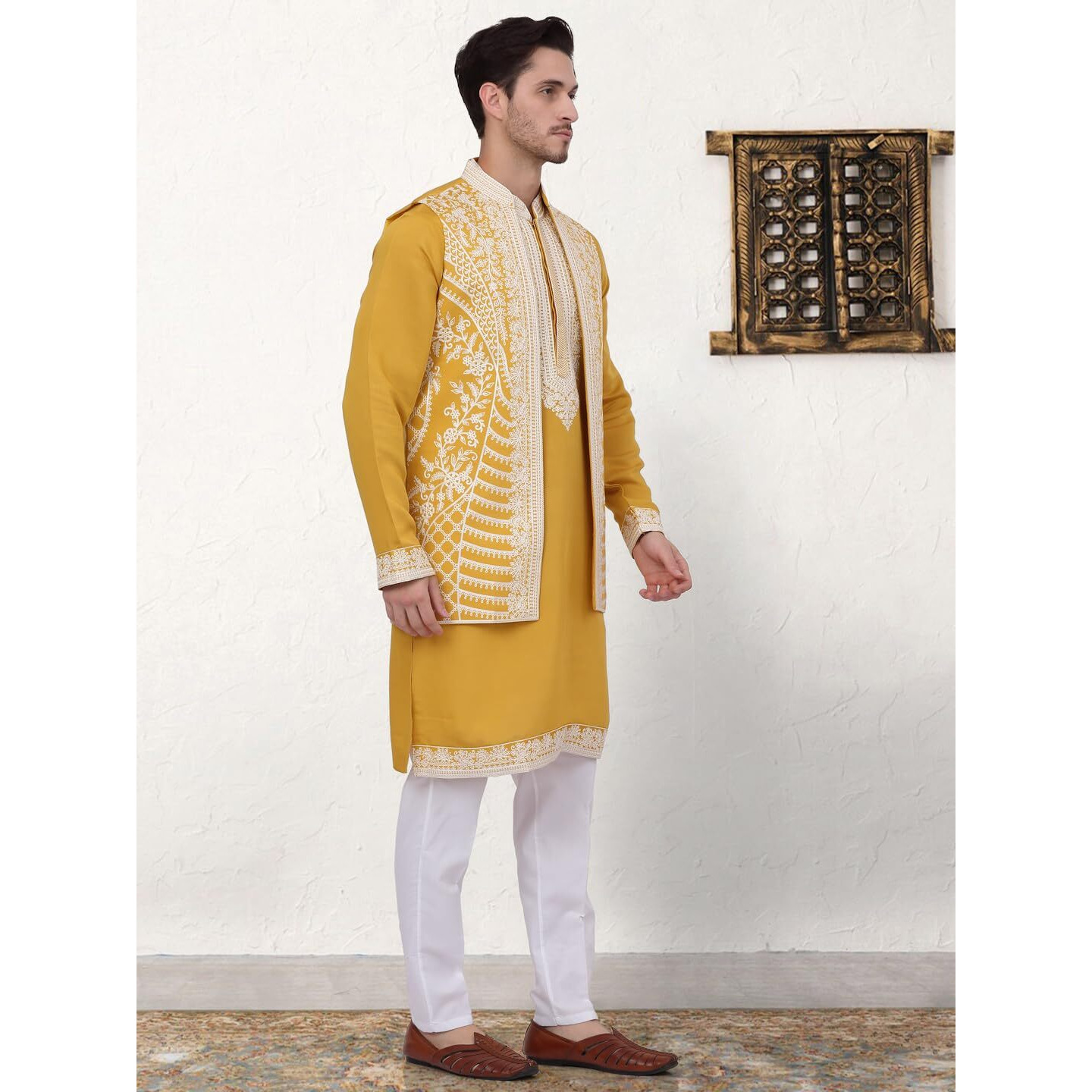 Jompers Men's Mustard Embroidered Waistcoat And Kurta Pyjama. (Mustard, M)