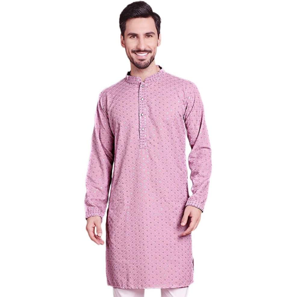 Jompers Men's Light-Purple Chikankari Embroidered And Sequence Kurtas (Light-Purple, M)