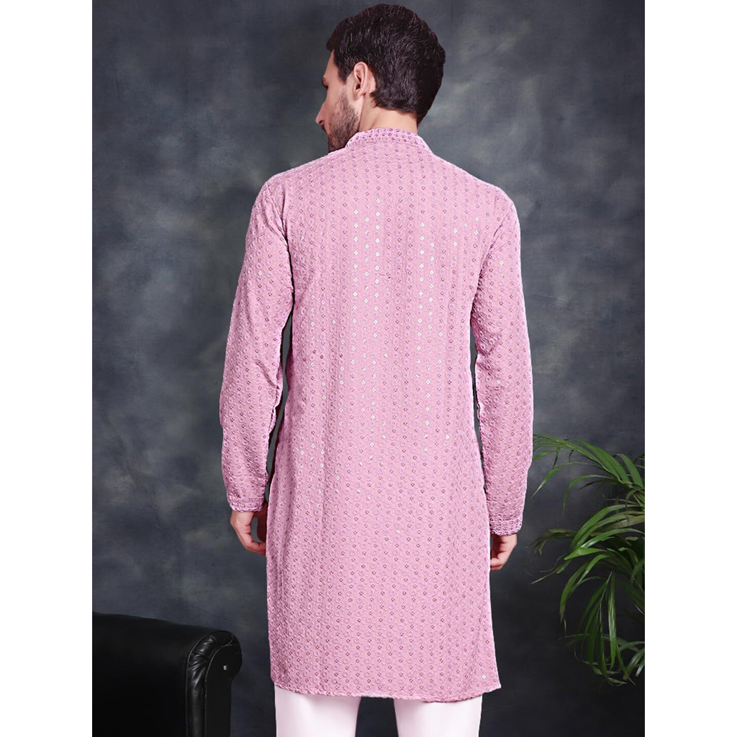 Jompers Men's Light-Purple Chikankari Embroidered And Sequence Kurtas (Light-Purple, M)