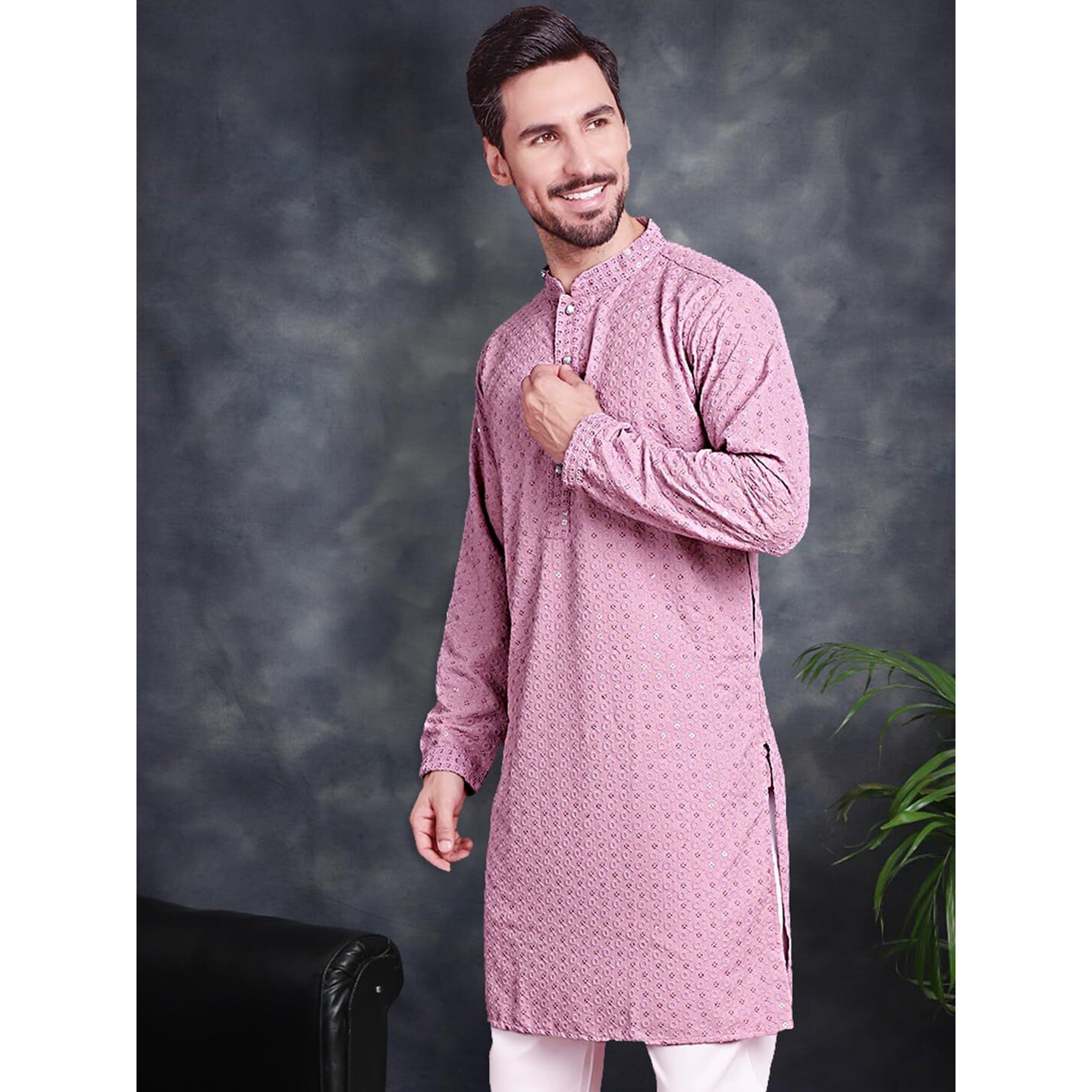 Jompers Men's Light-Purple Chikankari Embroidered And Sequence Kurtas (Light-Purple, M)