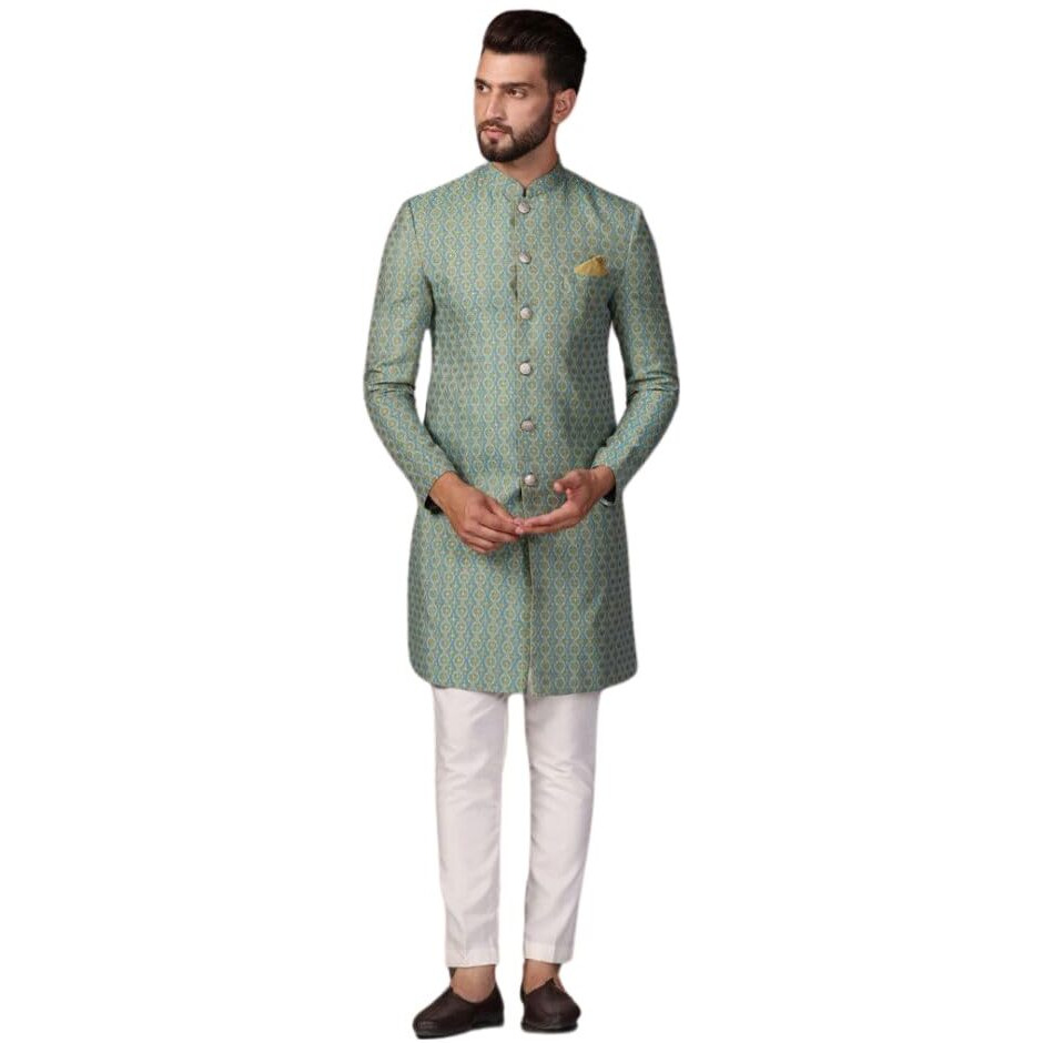 Kisah Men's Indo-Western Sherwani Trouser Set, Blue Cotton, Jacquard Regular Fit Mandarin Collar Long Sleeves (Xl)