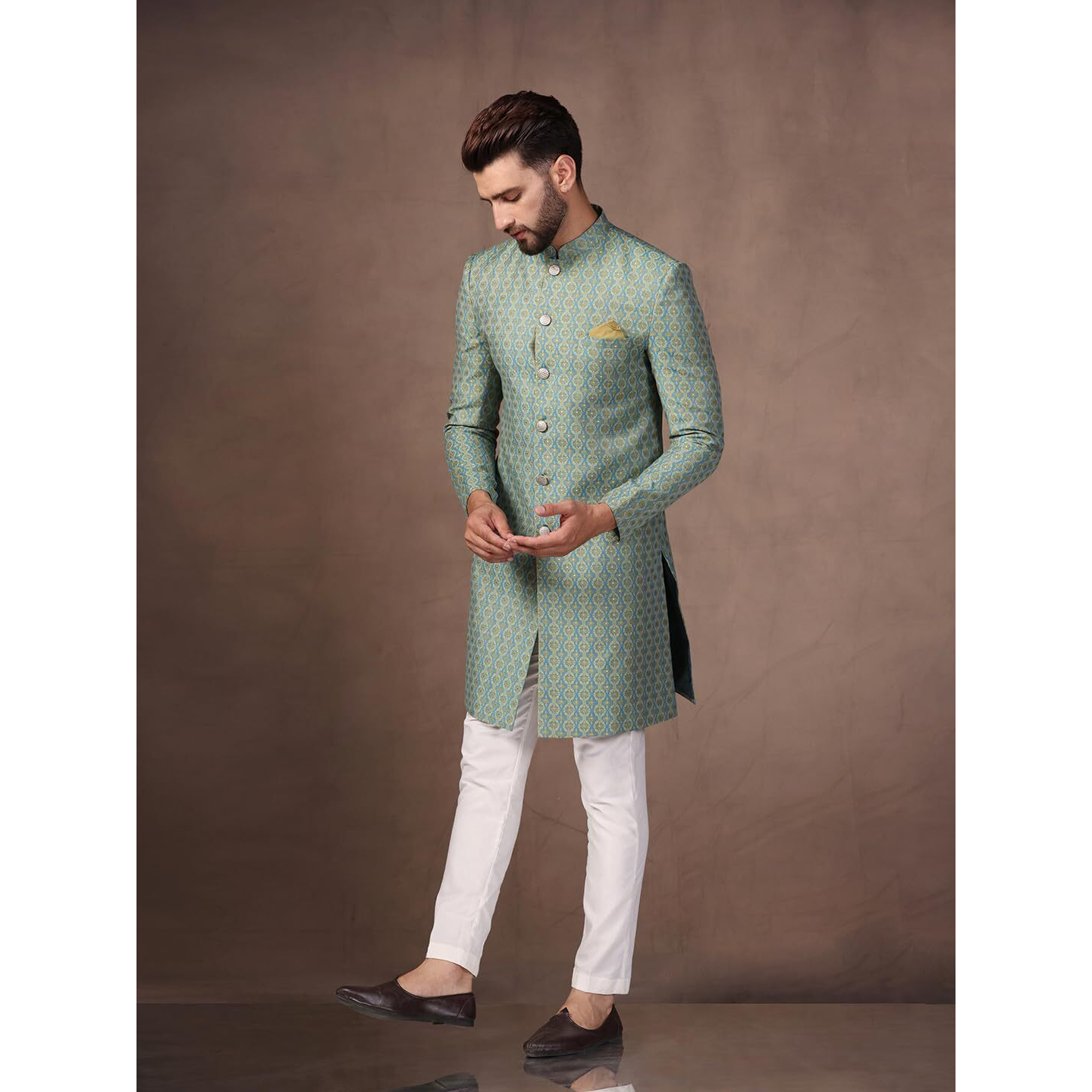 Kisah Men's Indo-Western Sherwani Trouser Set, Blue Cotton, Jacquard Regular Fit Mandarin Collar Long Sleeves (Xl)