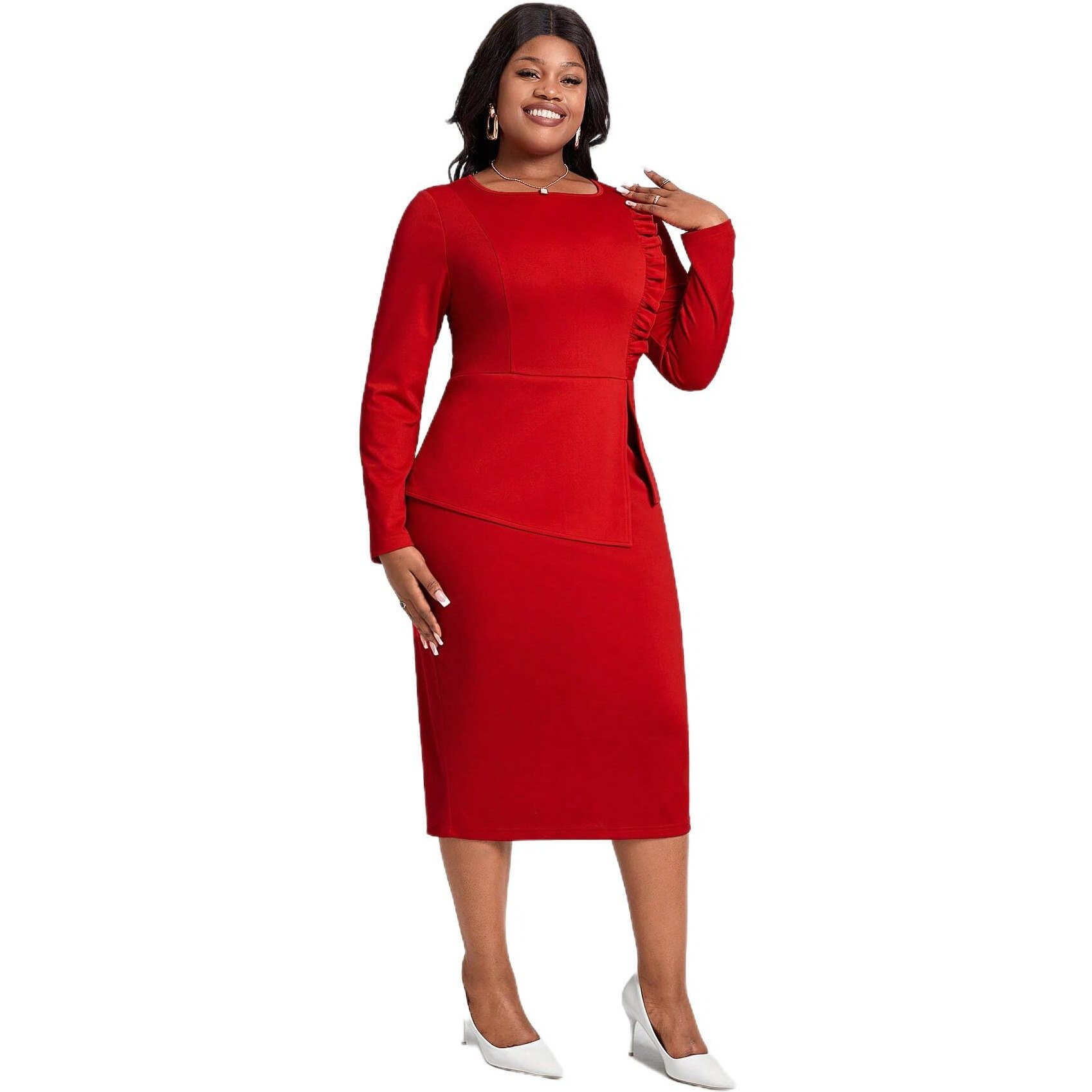 Kotty Women's Flowy Midi Round Neck Plus Size Dress(Red,4Xl)-Ccdress03_4Xl