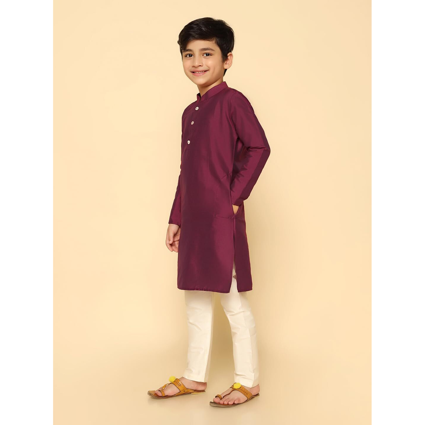 Kisah Kid's Cotton Full Sleeves Regular Fit Knee Length Solid Margenta Kurta (9-10Y) Magenta