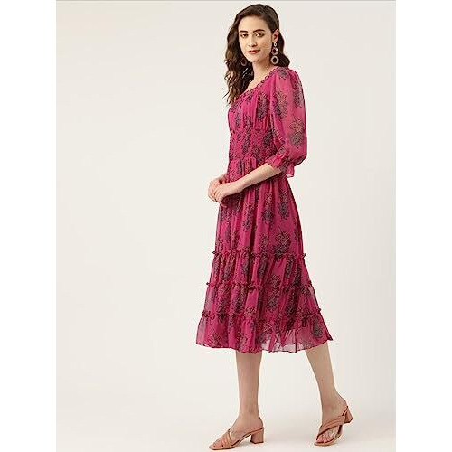 Litzo Women's Georgette A-Line Maxi Dress (L-68-M_Pink