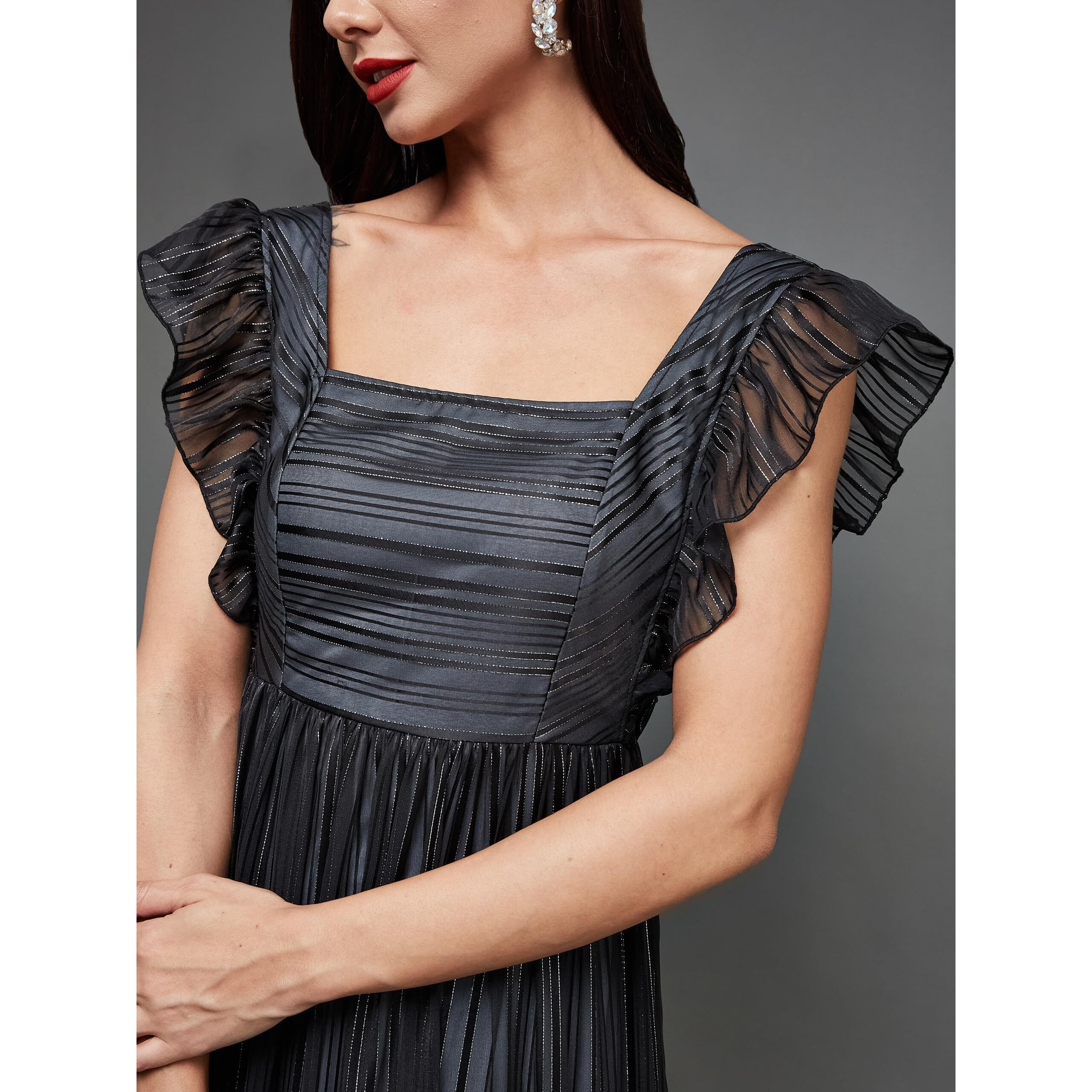 Miss Chase Women's Square Neck Layered Ruffles Sleeve Floral Patterned Tiered With Pockets Maxi Georgette Dress (Mcss23D98-52-62-06, Black, Xl)