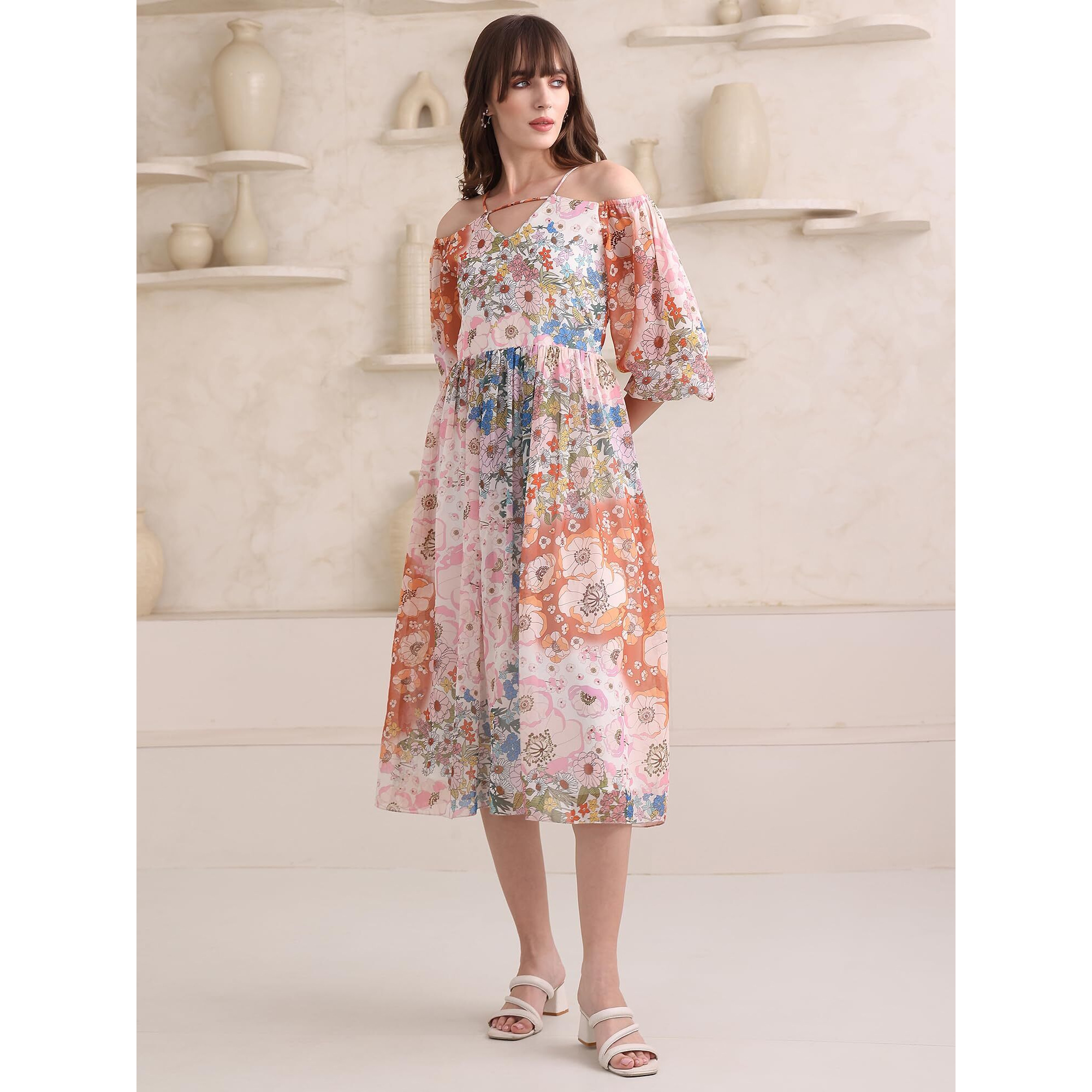 Purvaja Womens Fit & Flare Below Knee Length Dress (Floe-034_Multi_X-Large) Multicolour