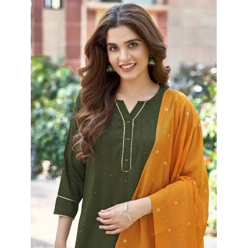 Sanisa Women's Chinnon Sequence Work Straight Kurta With Pant And Jacquard Work Dupatta (67Kbd763Nz-L_Mehndi Green)