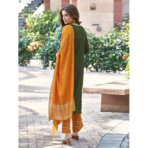 Sanisa Women's Chinnon Sequence Work Straight Kurta With Pant And Jacquard Work Dupatta (67Kbd763Nz-L_Mehndi Green)