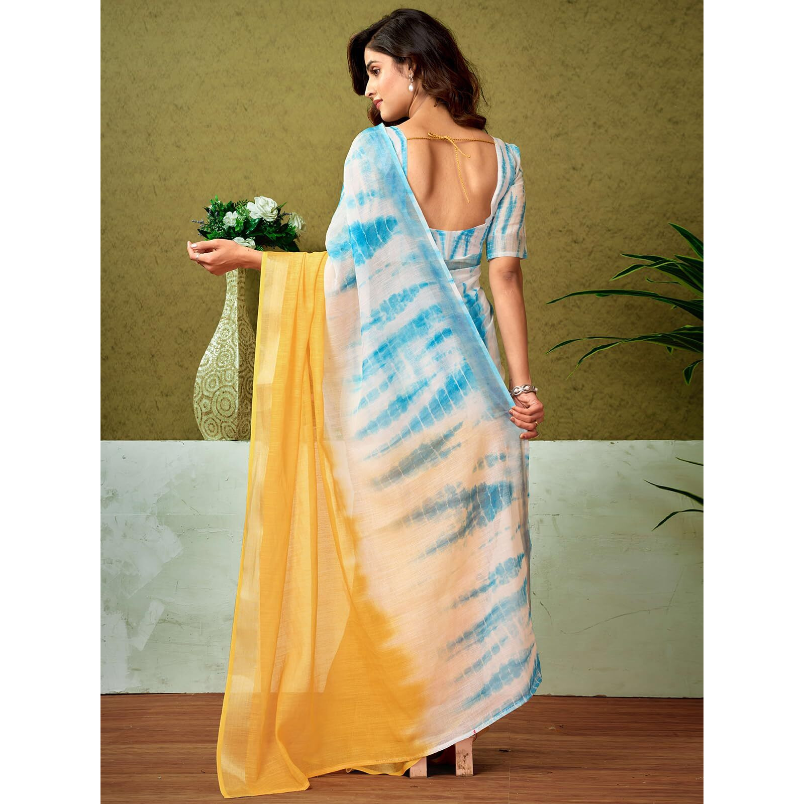 Satrani Women's Linen Zari Border Printed Ready To Wear One Minute Pre Pleated Readymade Saree With Unstitched Blouse Piece (34Rs329N_Turmeric Yellow & Blue)