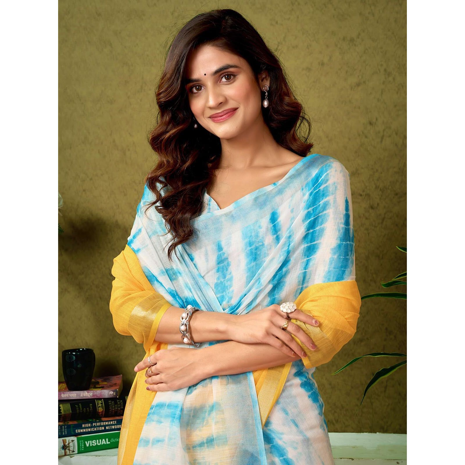 Satrani Women's Linen Zari Border Printed Ready To Wear One Minute Pre Pleated Readymade Saree With Unstitched Blouse Piece (34Rs329N_Turmeric Yellow & Blue)