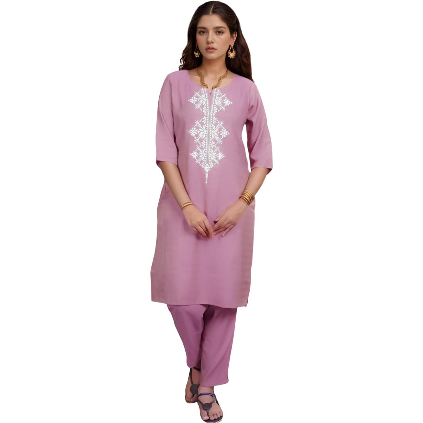 Shienzy Women's Cotton Blend Emroidered Kurta Pant Set | Ethnic Wear For Festive & Casual | Stylish Straight Fit | Elegant Indian Outfit (1662_Pnk_L) Pink