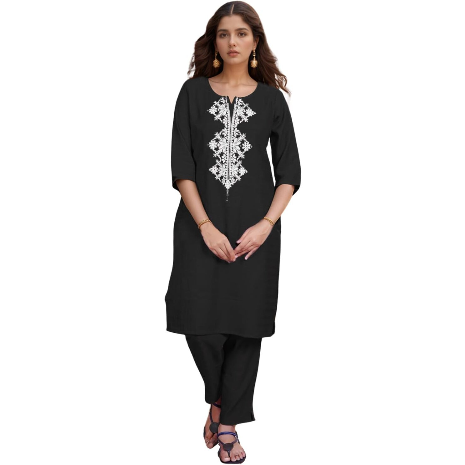 Shienzy Women's Cotton Blend Emroidered Kurta Pant Set | Ethnic Wear For Festive & Casual | Stylish Straight Fit | Elegant Indian Outfit (1662_Bk_M) Black