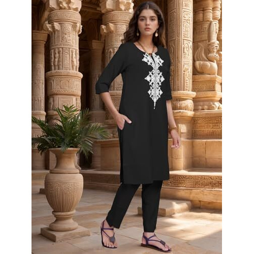 Shienzy Women's Cotton Blend Emroidered Kurta Pant Set | Ethnic Wear For Festive & Casual | Stylish Straight Fit | Elegant Indian Outfit (1662_Bk_M) Black
