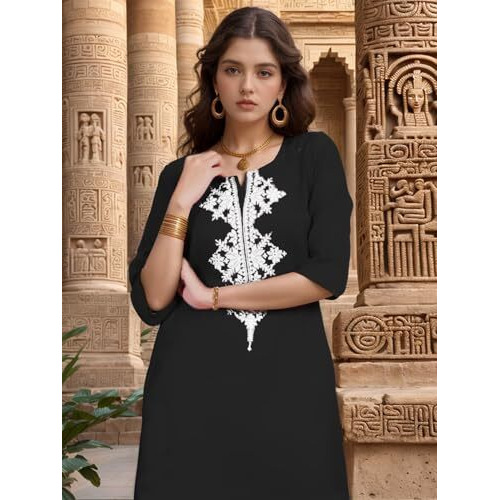 Shienzy Women's Cotton Blend Emroidered Kurta Pant Set | Ethnic Wear For Festive & Casual | Stylish Straight Fit | Elegant Indian Outfit (1662_Bk_M) Black