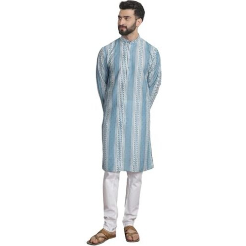 Sojanya (Since 1958 Men's Cotton Silk Printed Teal Blue Kurta With Churidaar Pyjama