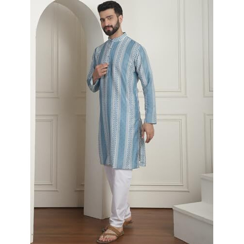 Sojanya (Since 1958 Men's Cotton Silk Printed Teal Blue Kurta With Churidaar Pyjama