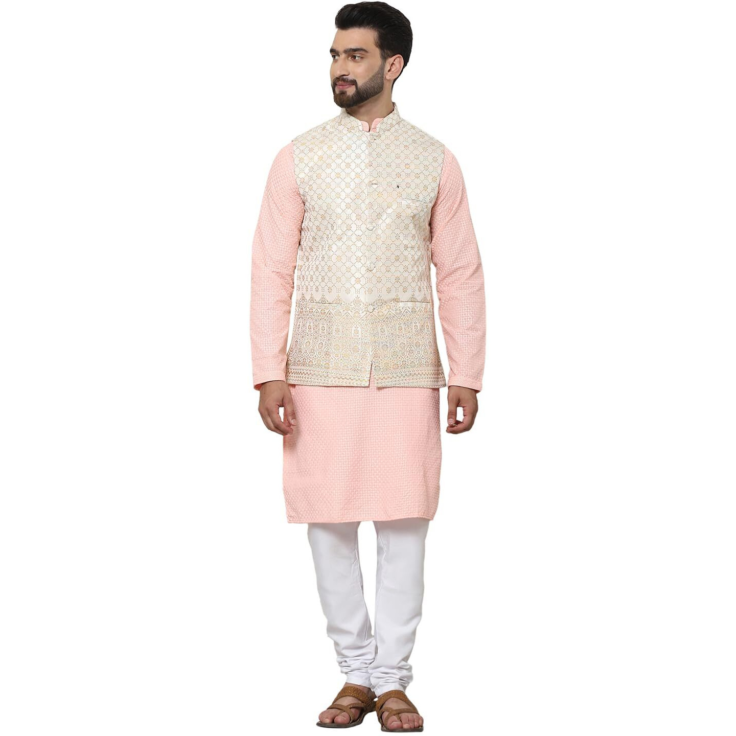 Sojanya (Since 1958 Men's Pure Cotton Peach Kurta And White Pyjama With Cream Nehru Jacket