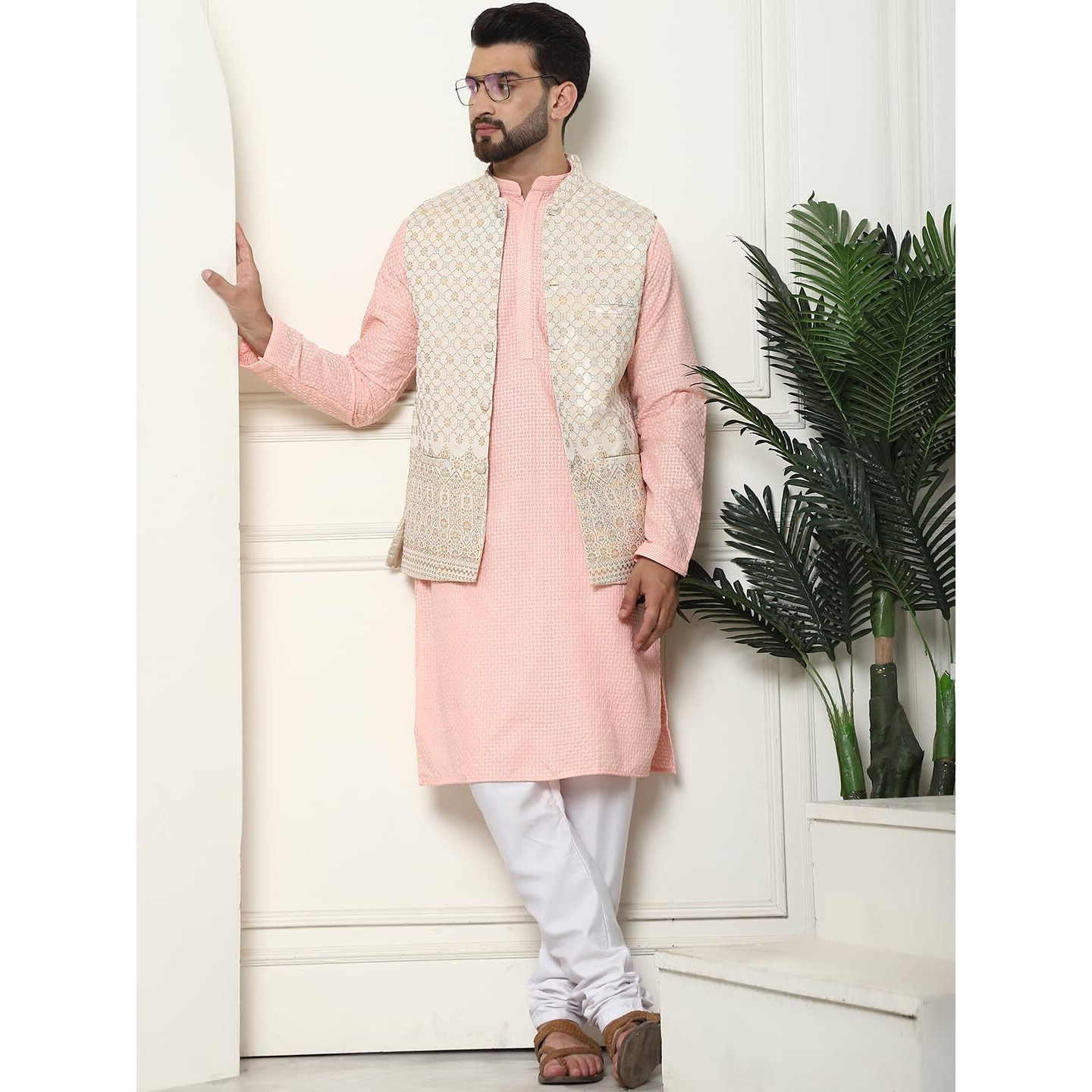 Sojanya (Since 1958 Men's Pure Cotton Peach Kurta And White Pyjama With Cream Nehru Jacket