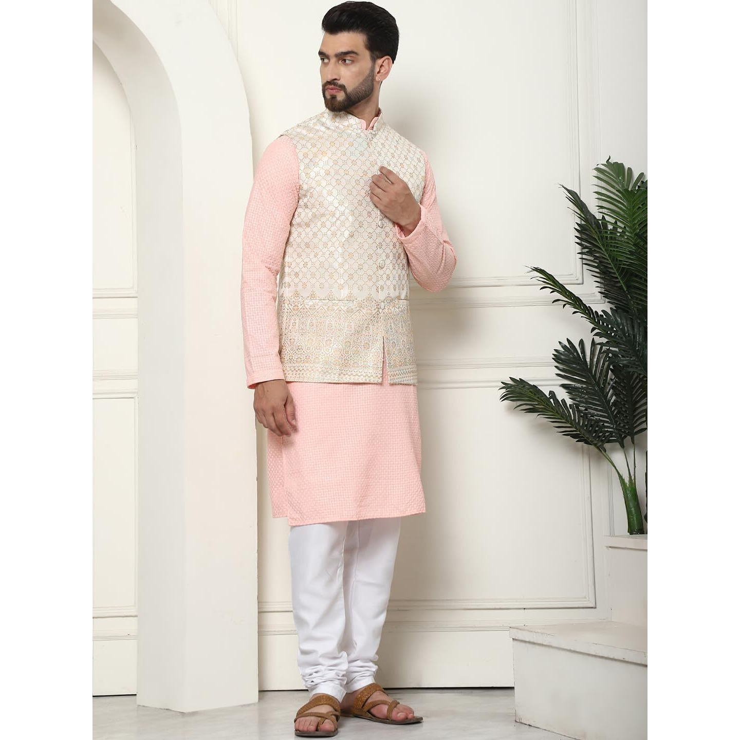 Sojanya (Since 1958 Men's Pure Cotton Peach Kurta And White Pyjama With Cream Nehru Jacket
