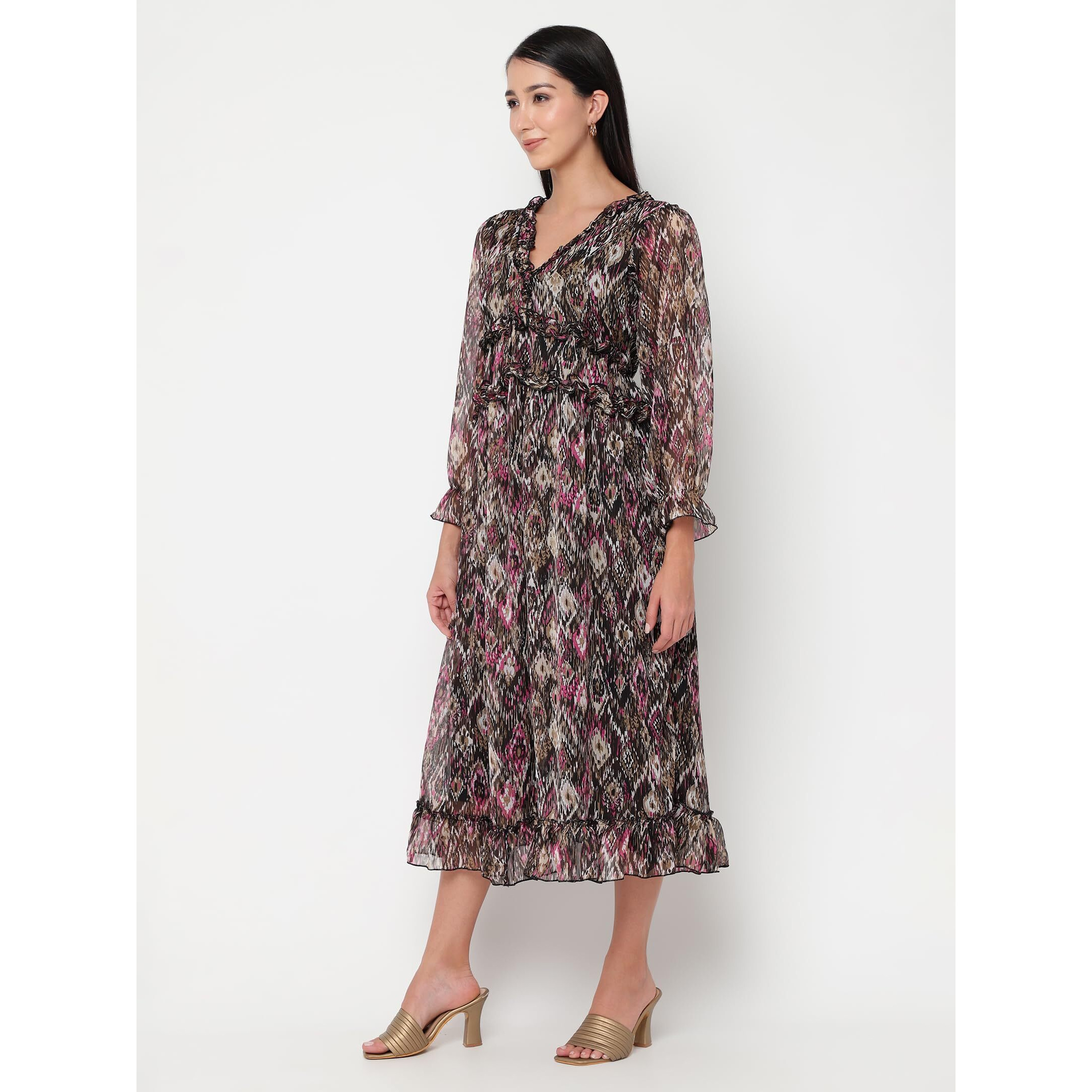 Sugathari Chiffon Black Ditsy Floral Deep V-Neck Ruffle Hem Western Dresses For Women (Dress2 88 Black S)