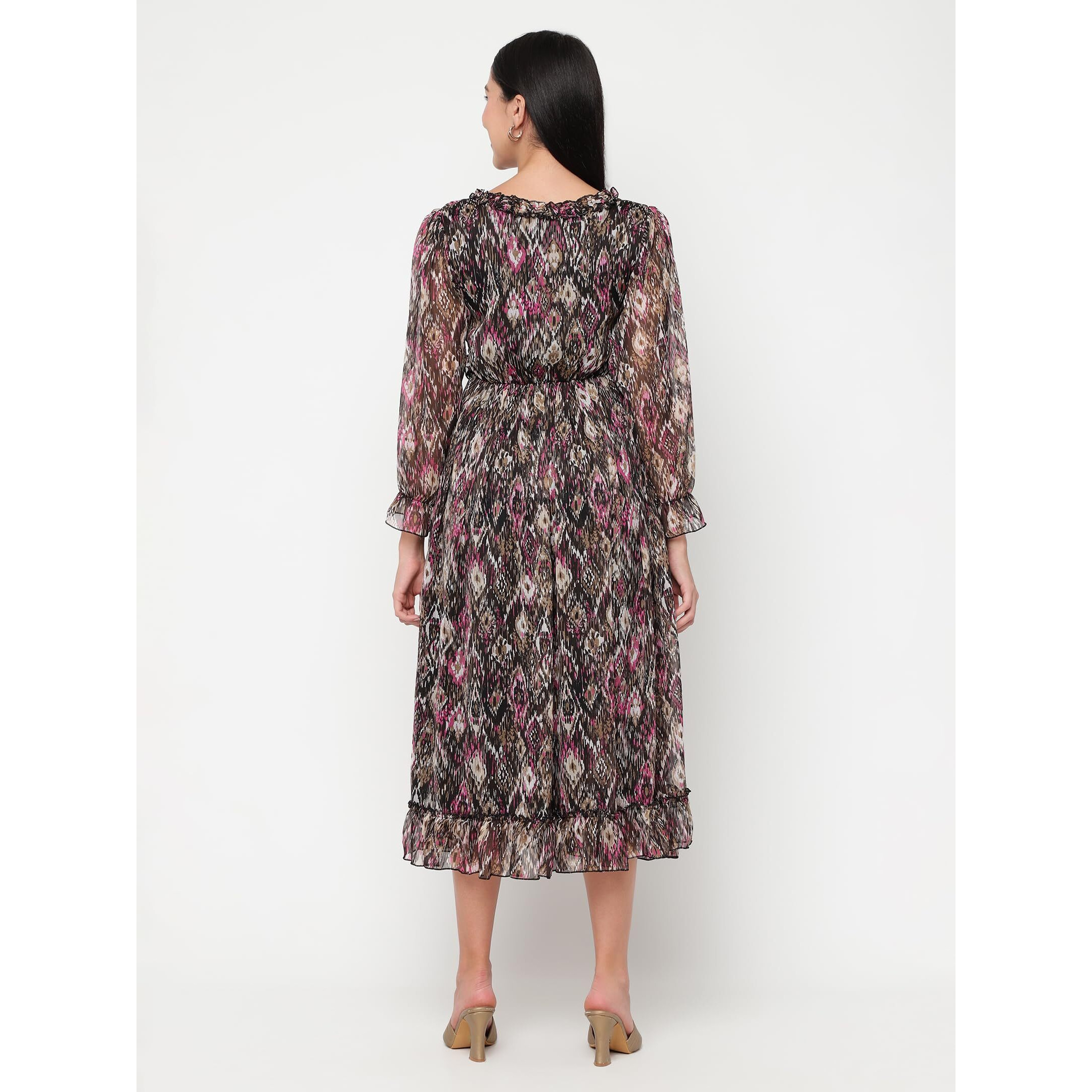 Sugathari Chiffon Black Ditsy Floral Deep V-Neck Ruffle Hem Western Dresses For Women (Dress2 88 Black S)