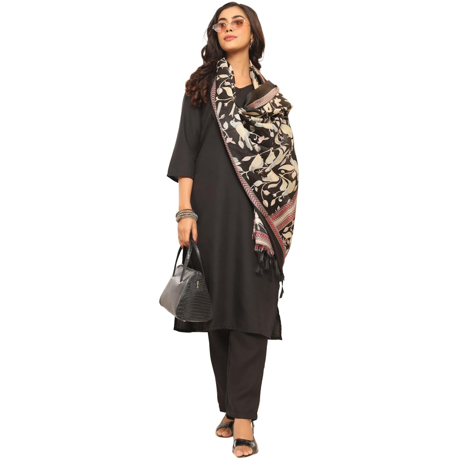 Varanga Women's Solid Black V-Neck Straight Kurta Set With Printed Dupatta  Stylish & Comfortable Ethnic Wear For Casual & Festive Occasions