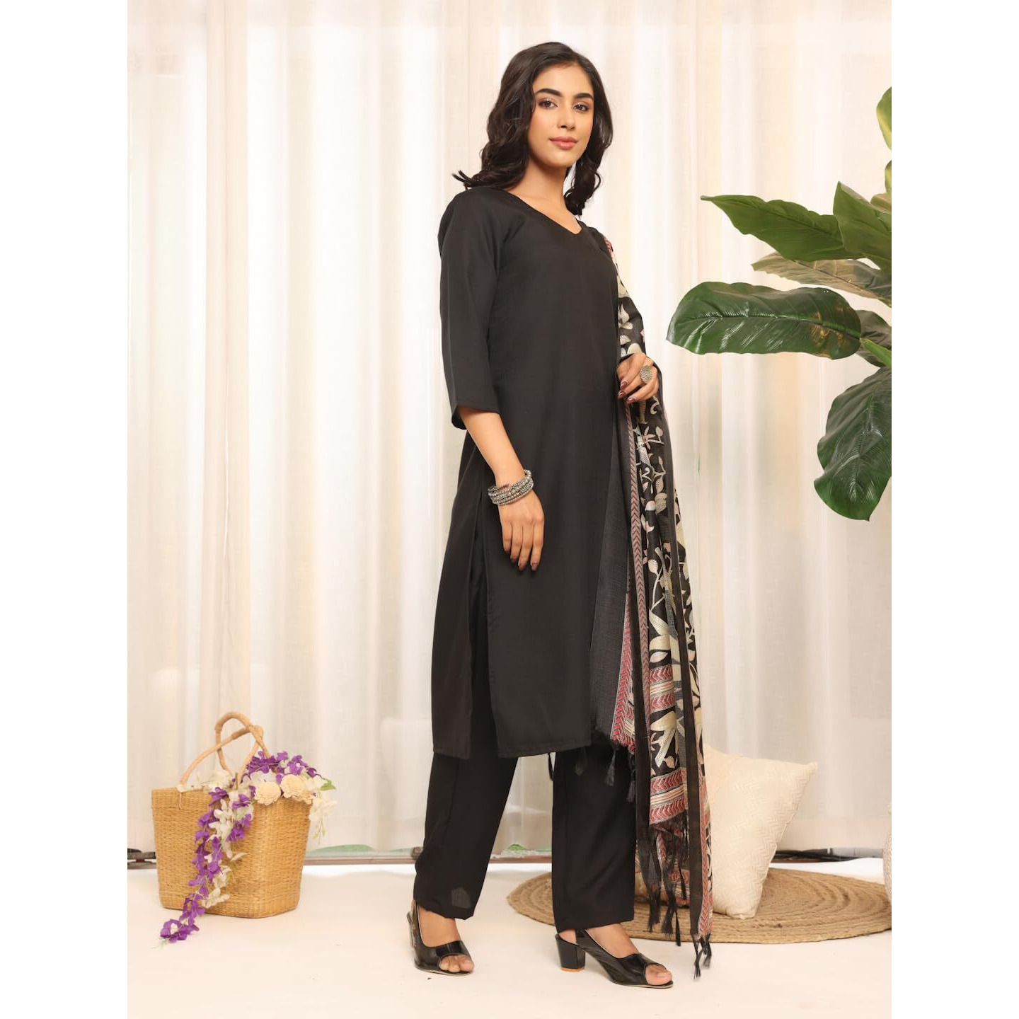 Varanga Women's Solid Black V-Neck Straight Kurta Set With Printed Dupatta  Stylish & Comfortable Ethnic Wear For Casual & Festive Occasions