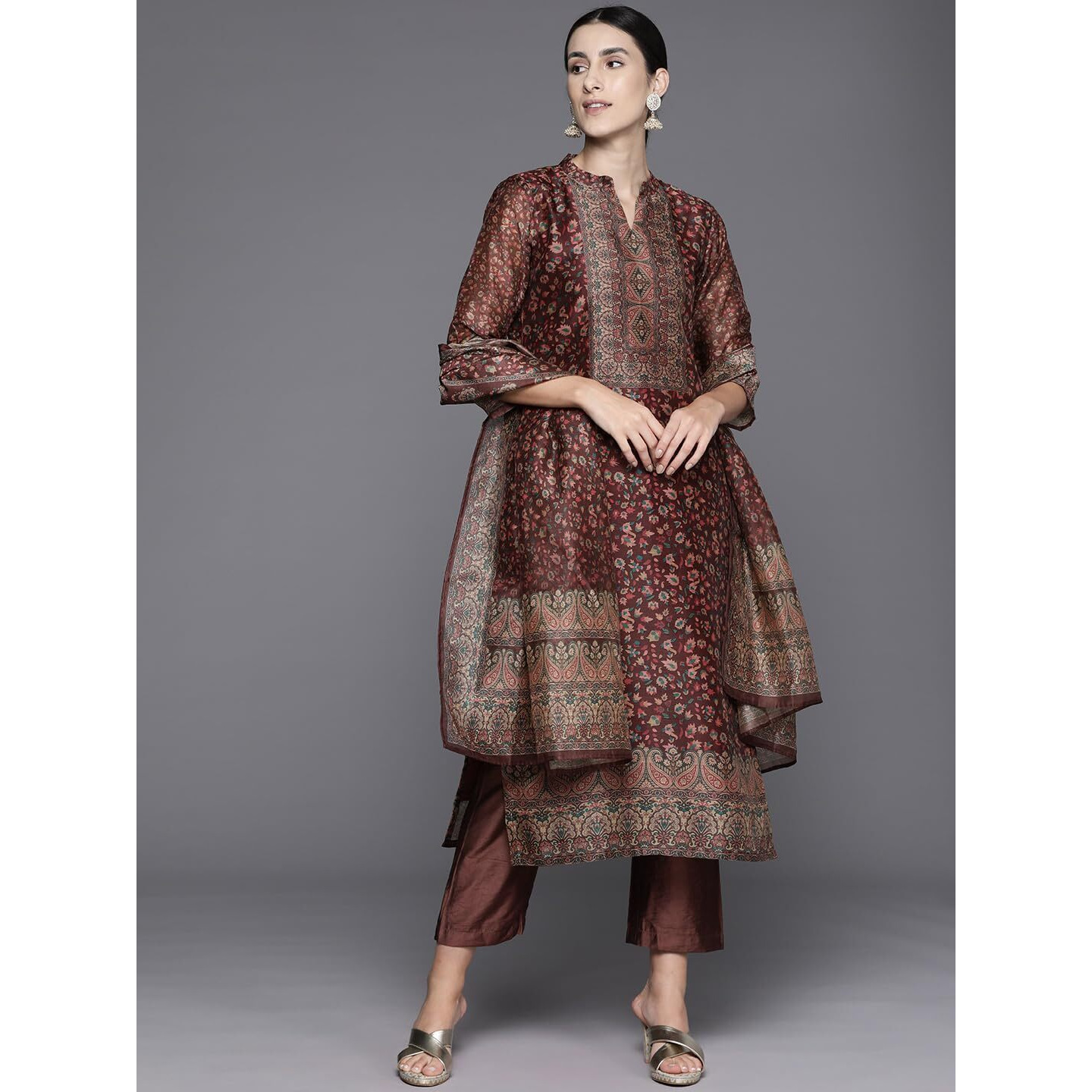 Varanga Women Brown Printed Straight Kurta With Solid Bottom And Printed Dupatta  Floral Mandarin Collar, Three Quarter Sleeves, Side Slits