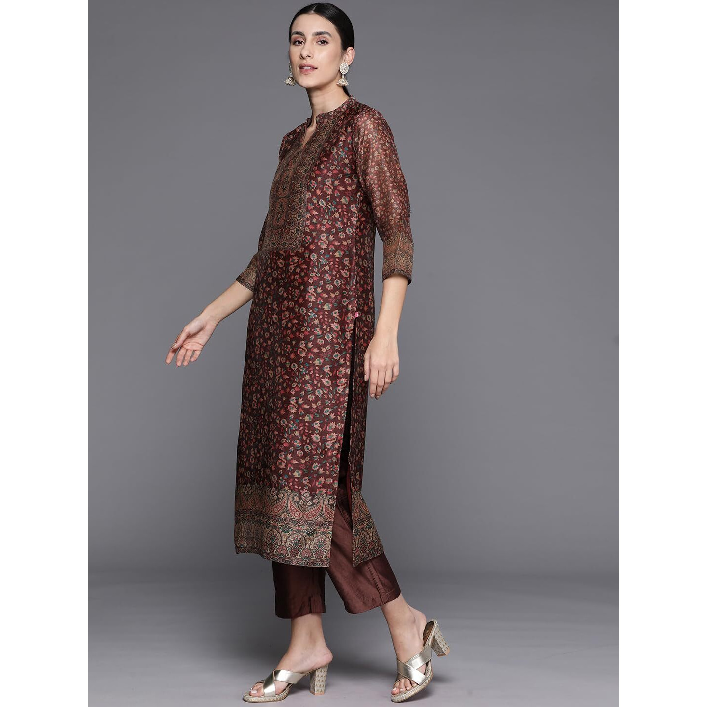 Varanga Women Brown Printed Straight Kurta With Solid Bottom And Printed Dupatta  Floral Mandarin Collar, Three Quarter Sleeves, Side Slits