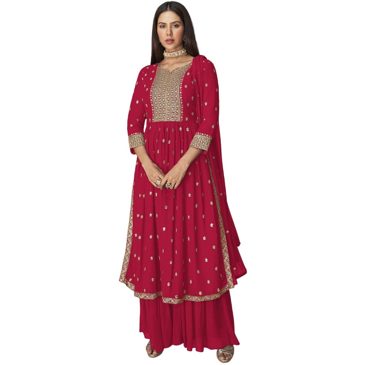 Xomantic Fashion Women's Ethnic Wear Nyra Cut Embroidery Kurti Plazzo And Dupatta (Large, Pink)