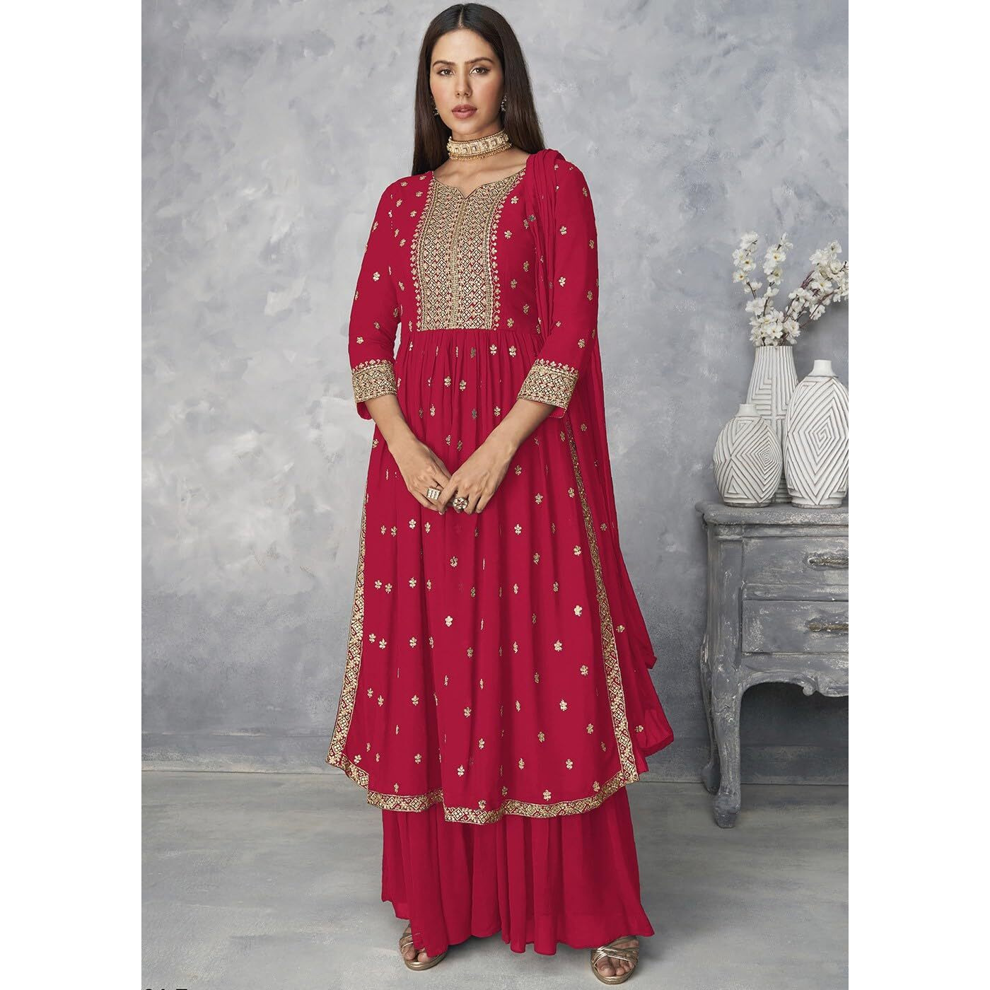 Xomantic Fashion Women's Ethnic Wear Nyra Cut Embroidery Kurti Plazzo And Dupatta (Large, Pink)