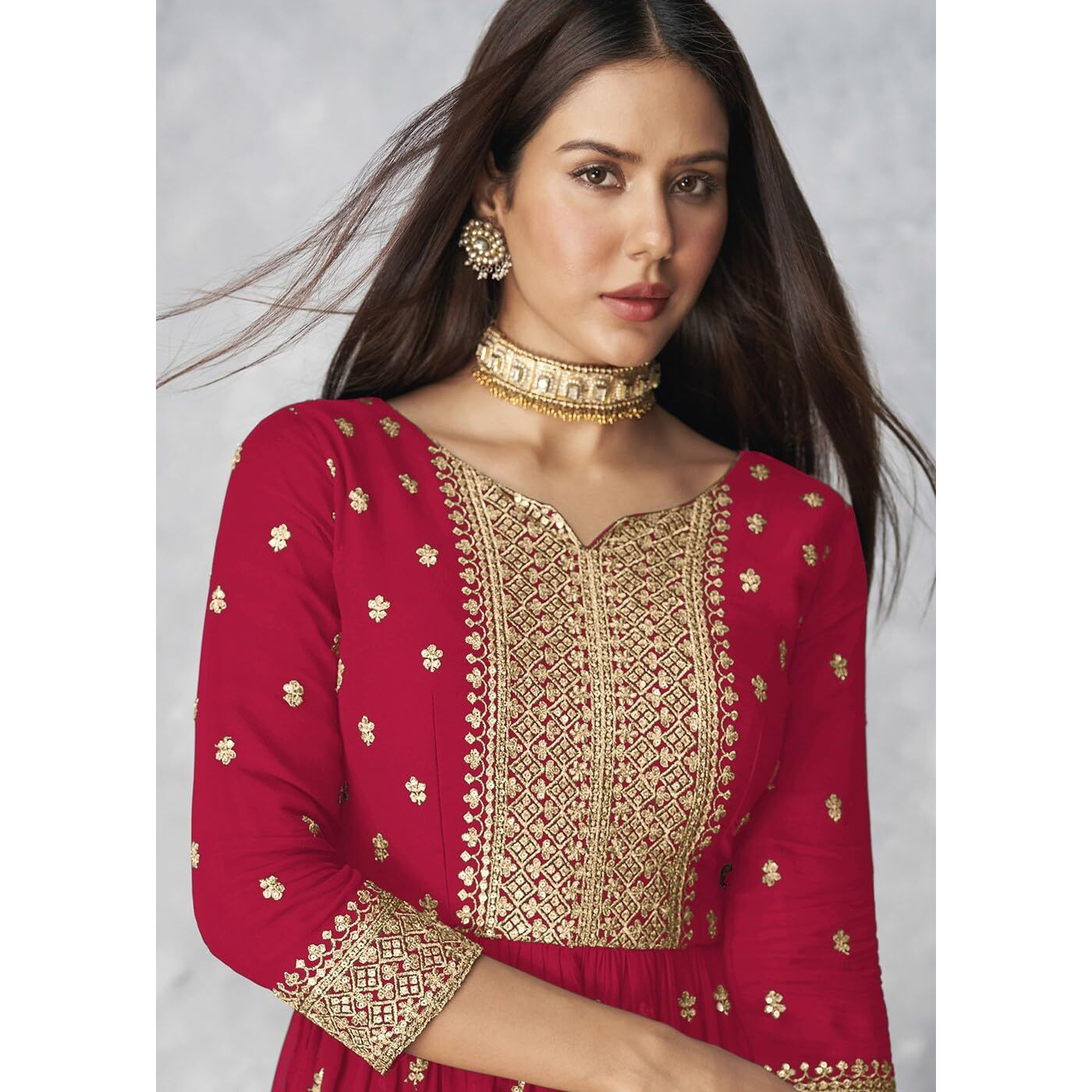 Xomantic Fashion Women's Ethnic Wear Nyra Cut Embroidery Kurti Plazzo And Dupatta (Large, Pink)