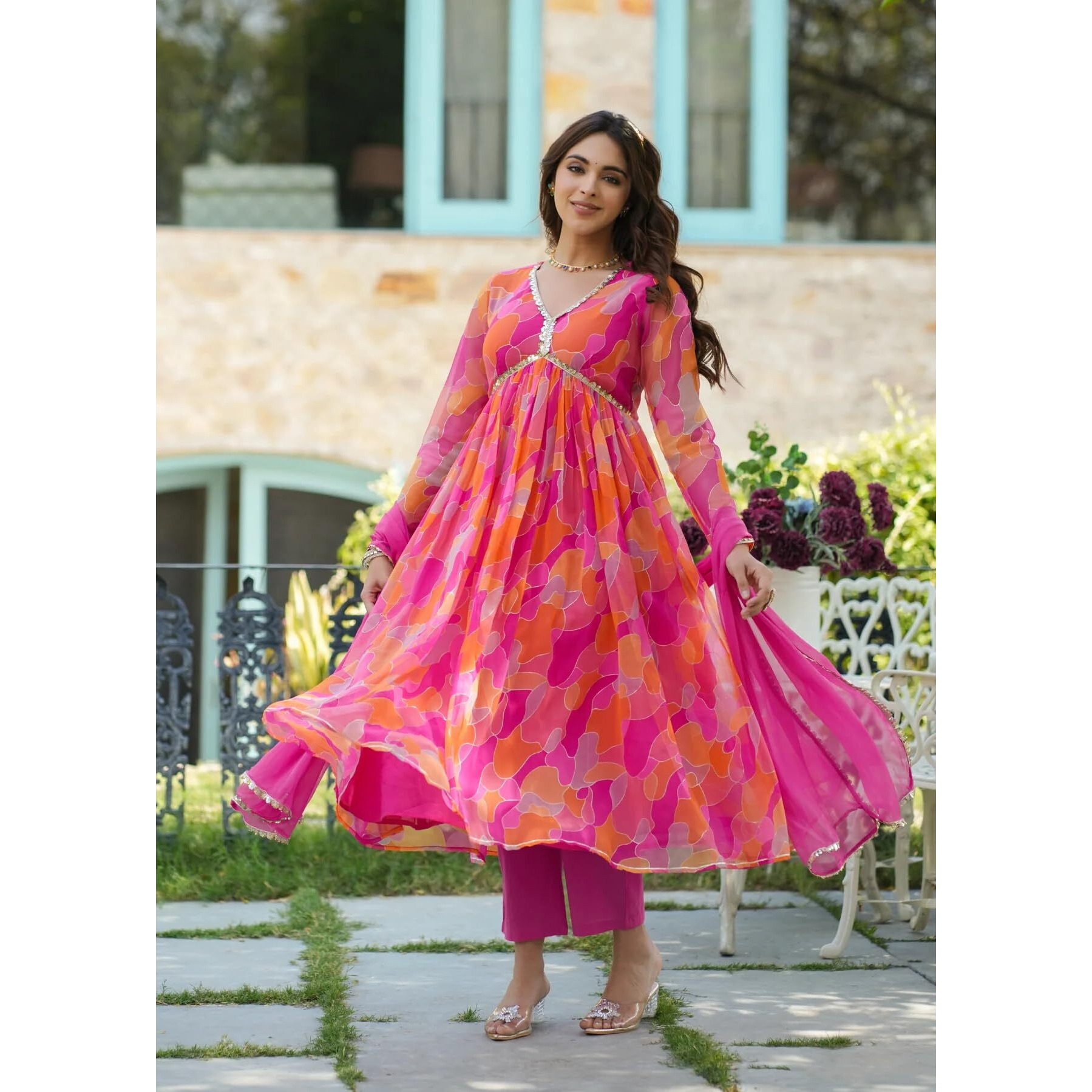 Xomantic Fashion Pink Georgette Printed Alia Cut Suit Set (Medium, Pink)